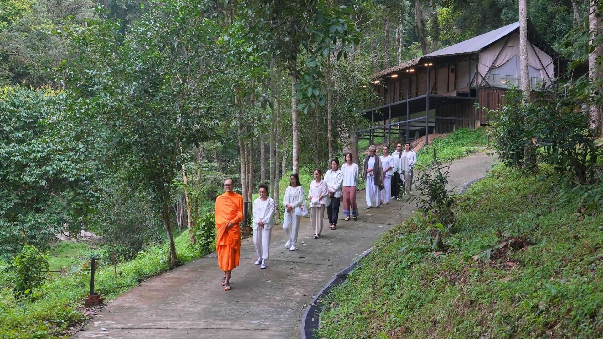 Guests practising walking meditation