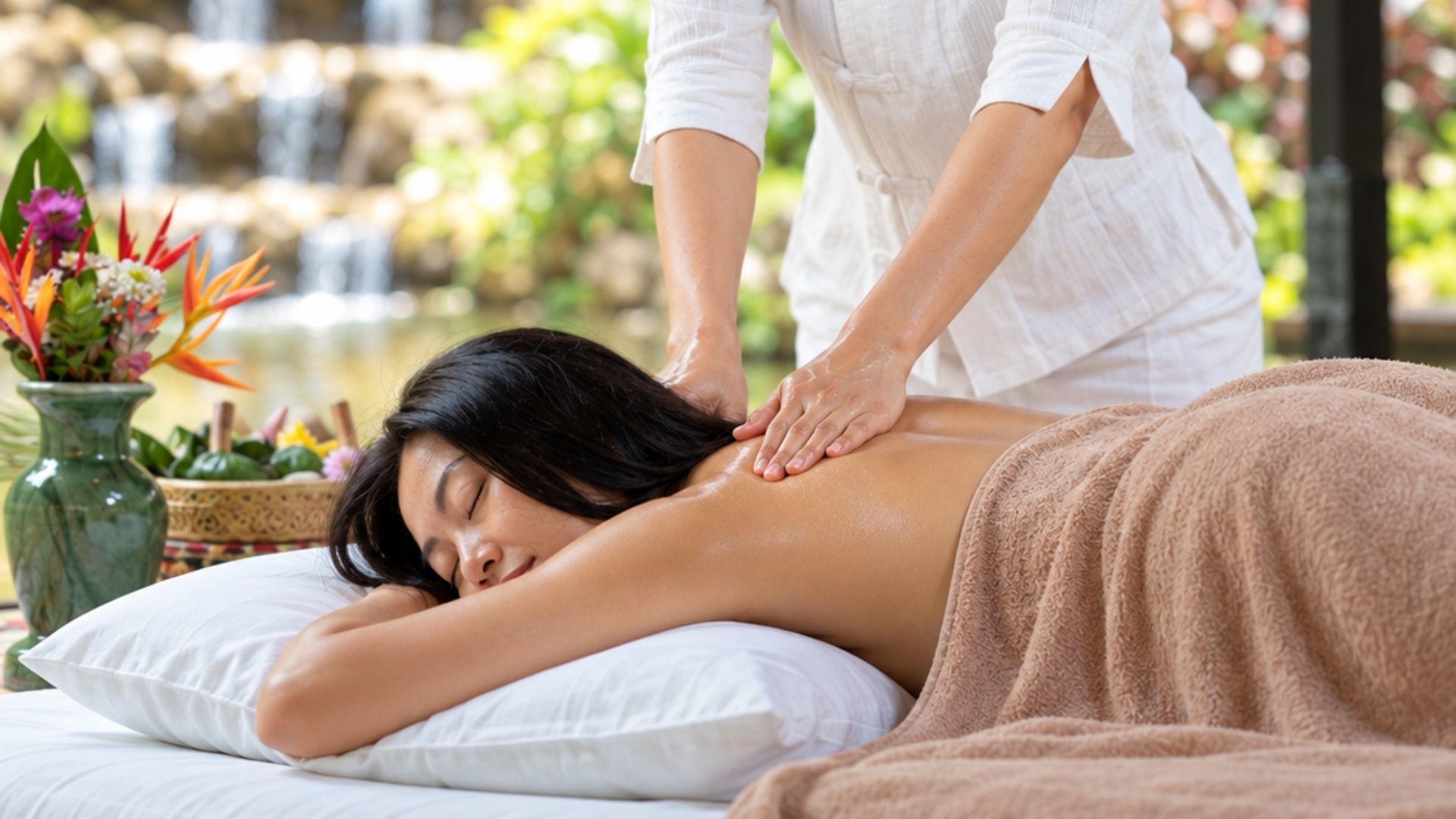 Oil massage treatment in the jungle setting